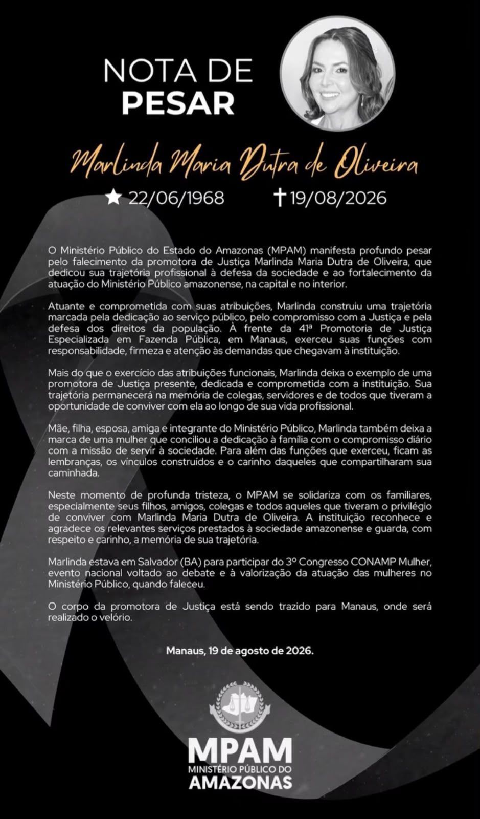 Nota de pesar do Ministério Público do Amazonas • MPAM