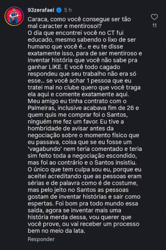 Zé Rafael rebate acusação no Santos, critica jornalista e ameaça processo