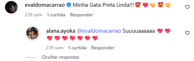 Comentário apaixonado de Evaldo Macarrão em postagem de Alana Ayoka • Instagram/ Alana Ayoka
