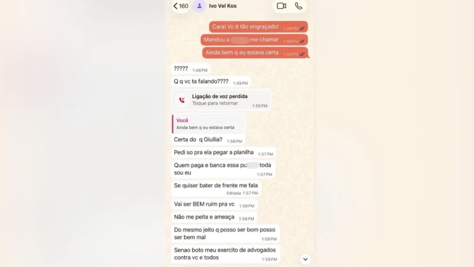 Conversas entre Giullia Falcão e Ivo Kos mostram aemaças do empresário contra a esposa • Reprodução/Redes Sociais