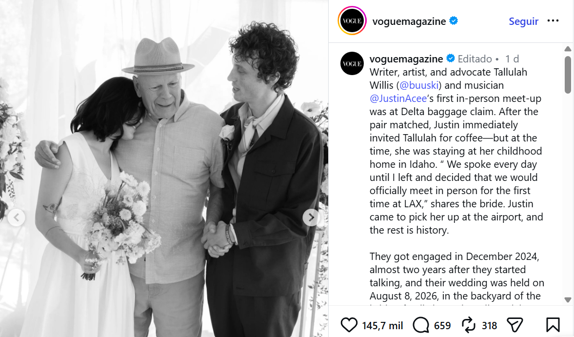Bruce Willis realizou aparição no casamento da filha Tallulah Willis • Reprodução