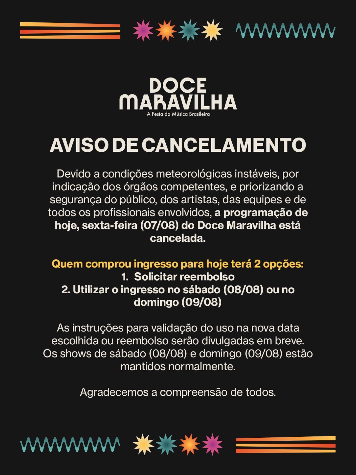 Cancelamento Doce Maravilha desta sexta (7) • Reprodução/Instagram