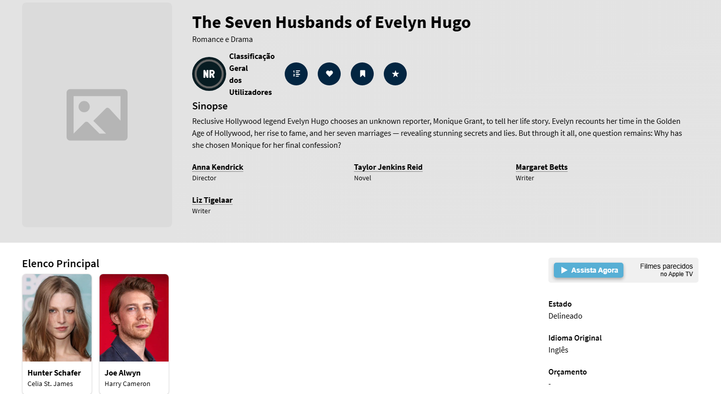 Joe Alwyn e Hunter Schafer supostamente registrados na ficha técnica de "Os Sete Maridos de Evelyn Hugo" • Reprodução/ The Movie DataBase