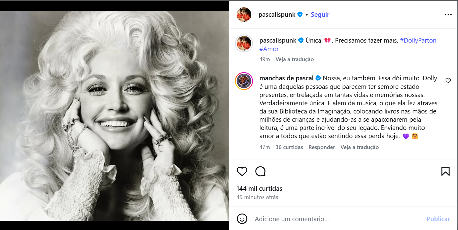 Pedro Pascal faz dedicatória para Dolly Parton • Reprodução/Instagram