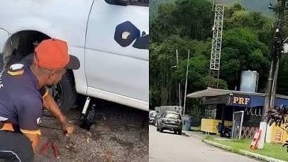Motorista troca pneu com ajuda da PRF na rodovia do Rio de Janeiro