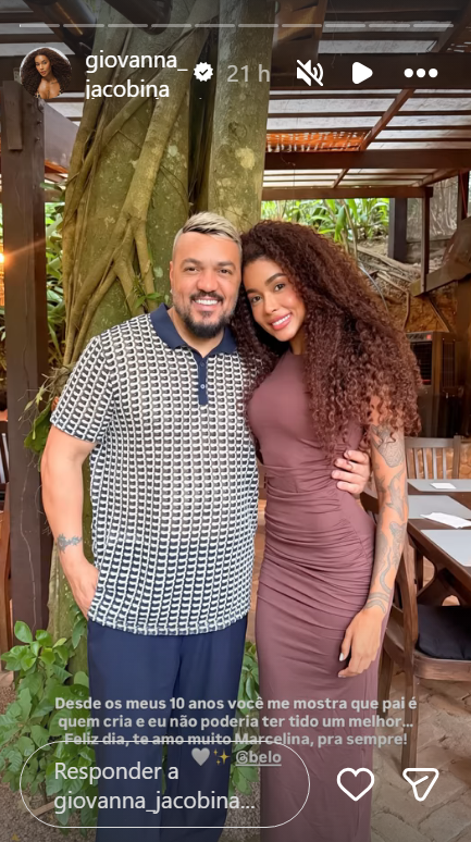 Irmã de Gracyanne Barbosa elogia Belo no Dia dos Pais: "Pai é quem cria" • Reprodução/Instagram/Giovanna Jacobina