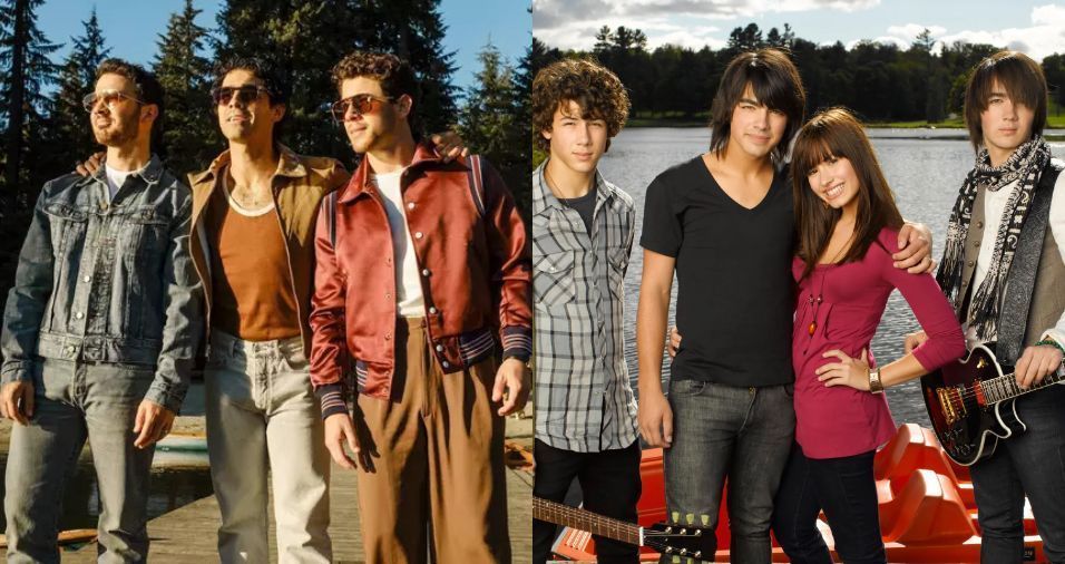 Jonas Brothers em "Camp Rock 3" e na época do filme original, ao lado de Demi Lovato • Divulgação/Disney