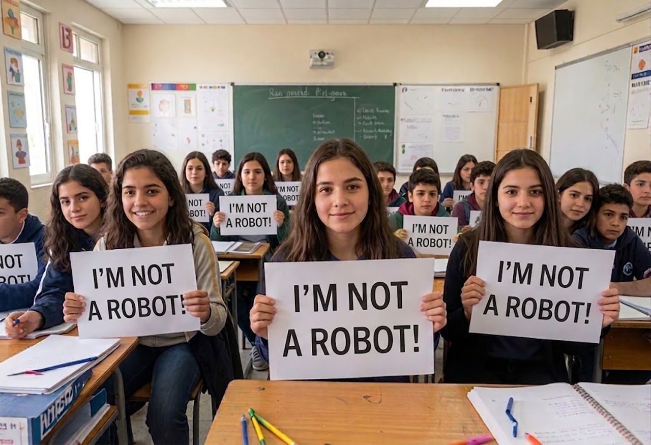 estudantes-em-sala-de-aula-com-cartazes-eu-não-sou-um-robô