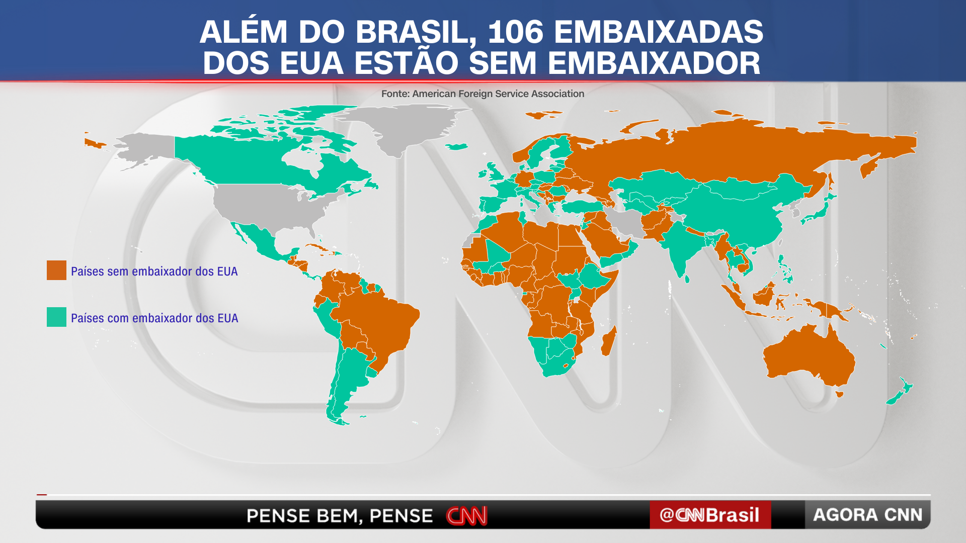 Mapa mostra países com e sem embaixadores dos Estados Unidos • Arte/CNN Brasil