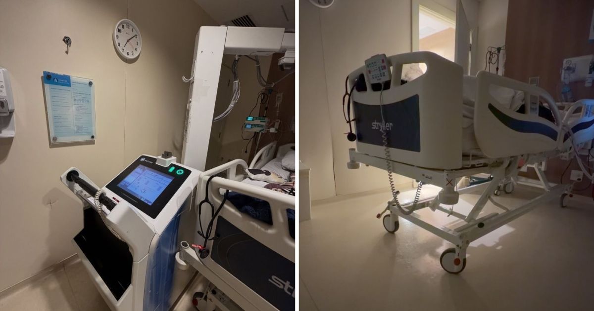 Maria Guilhermina na cama do hospital com equipamentos médicos ao redor