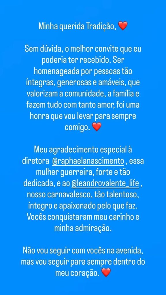 Nicole Bahls não será mais enredo da Tradição para o Carnaval 2027
