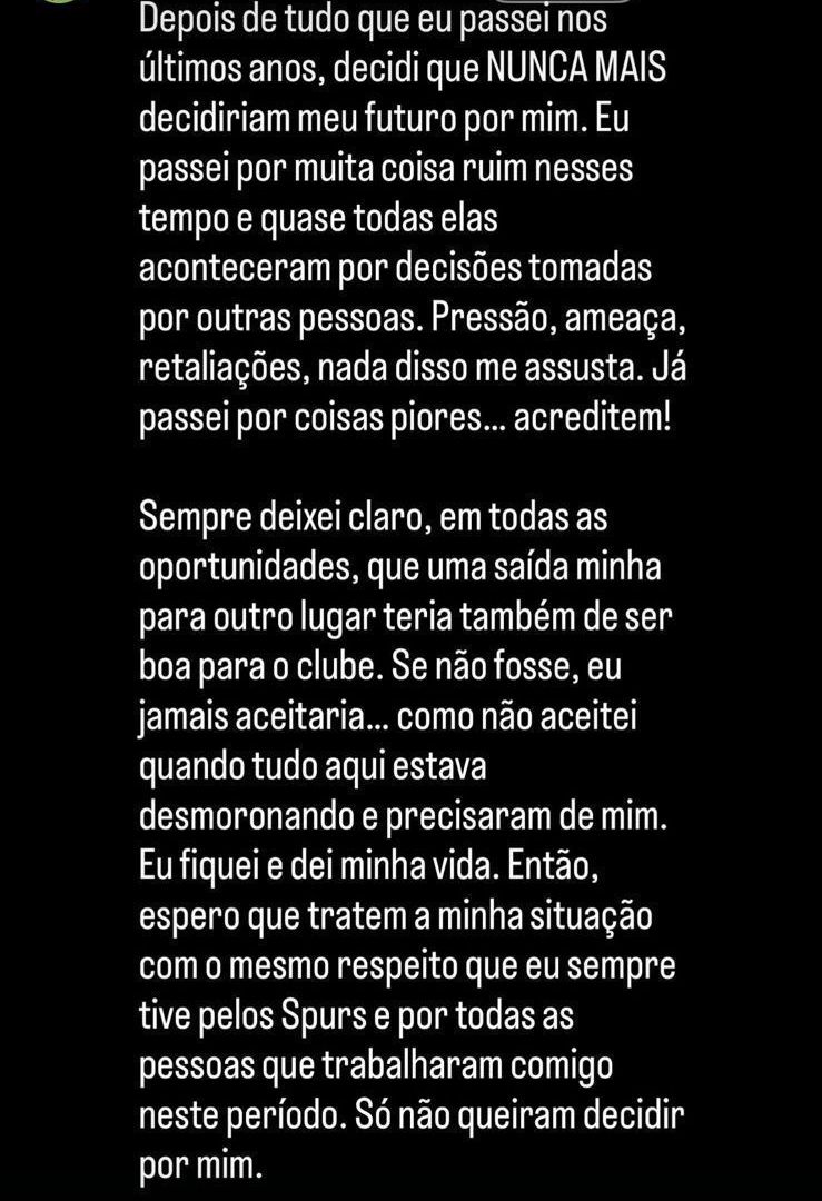 Richarlison desabafa sobre a sua situação no Tottenham • Reprodução/Instagram: @richarlison
