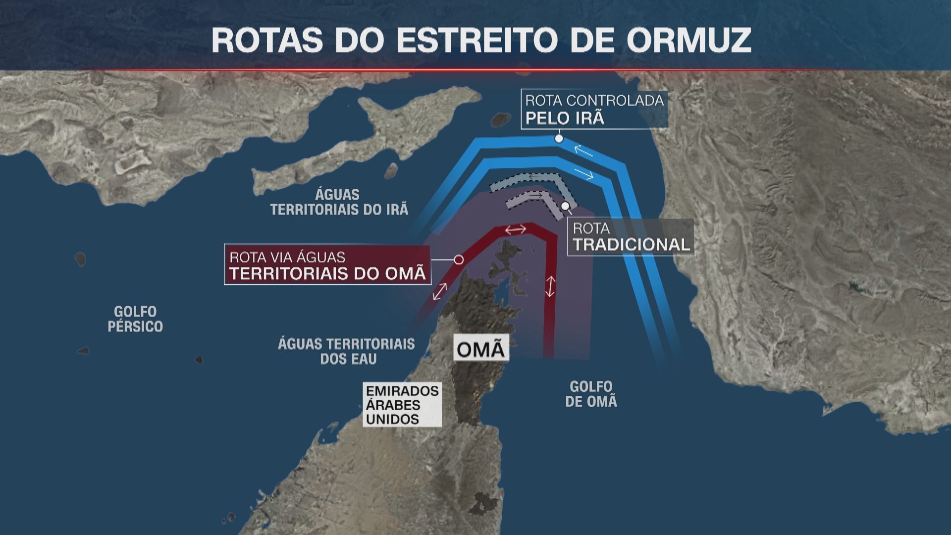 Mapa mostra rotas de navegação no Estreito de Ormuz • Arte/CNN