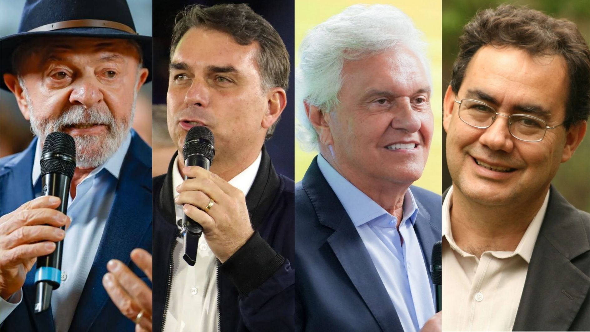 Os candidatos à Presidência Luiz Inácio Lula da Silva (PT), Flávio Bolsonaro (PL), Ronaldo Caiado (PSD) e Augusto Cury (Avante)