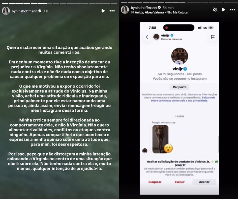 Nina Hoffmann expõe suposta reação de Vini Jr. a story • Instagram/Nina Hoffmann