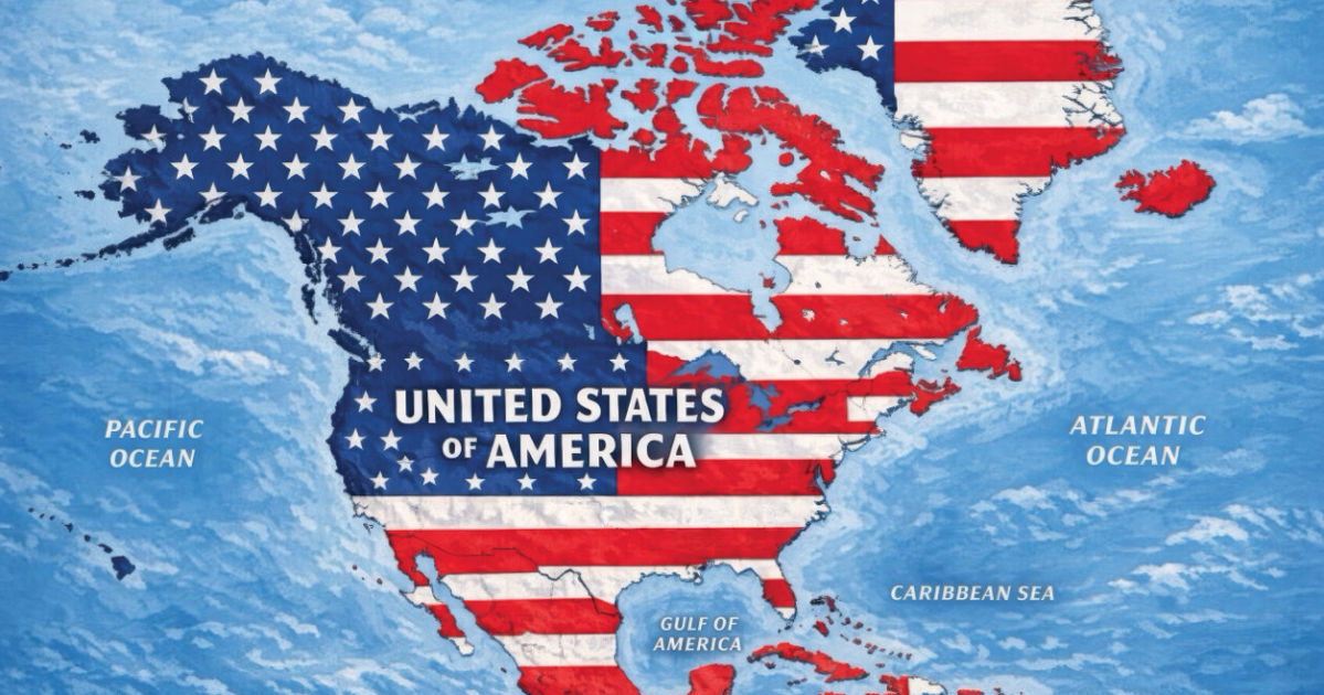 Mapa da Groenlândia e países da América do Norte com bandeiras americanas