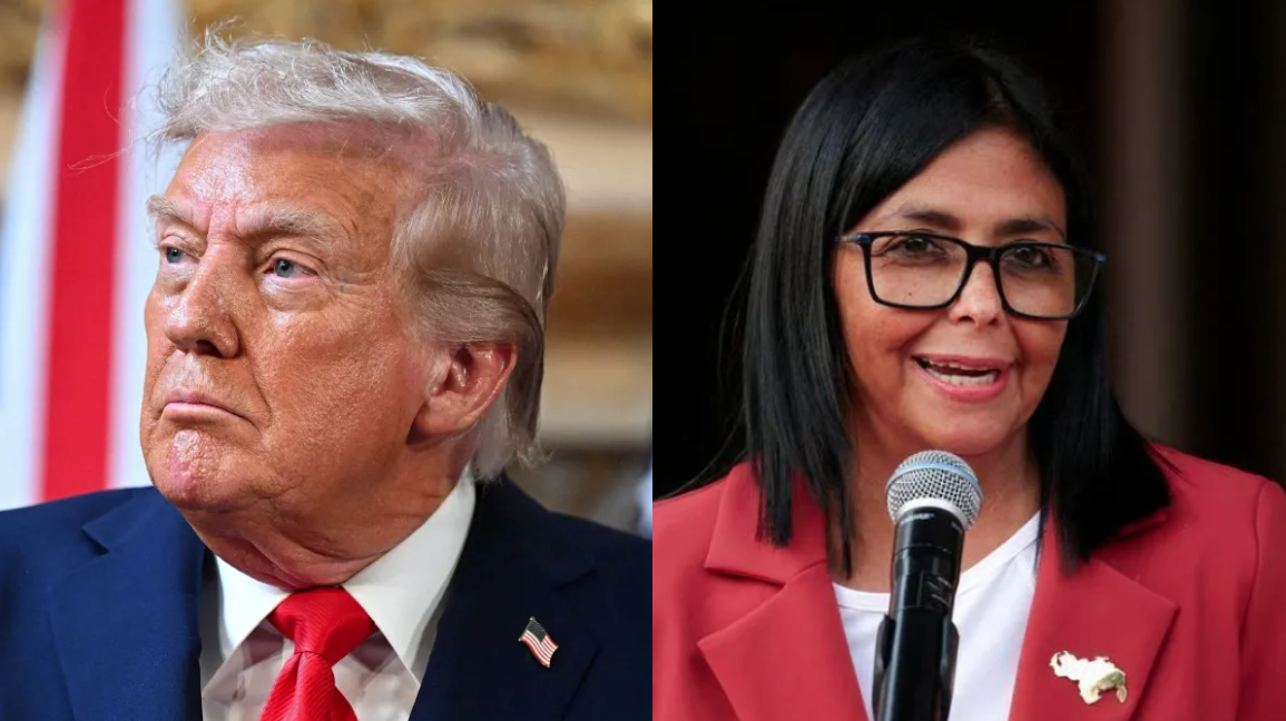 O presidente dos EUA, Donald Trump, e a presidente interina da Venezuela, Delcy Rodríguez