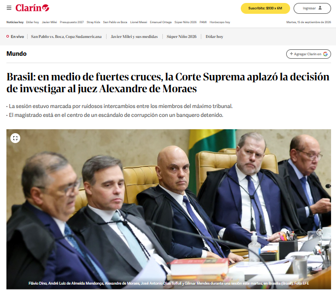 Jornal argentino Clarín destacou as "discussões acaloradas" da sessão do STF • Reprodução/Clarín