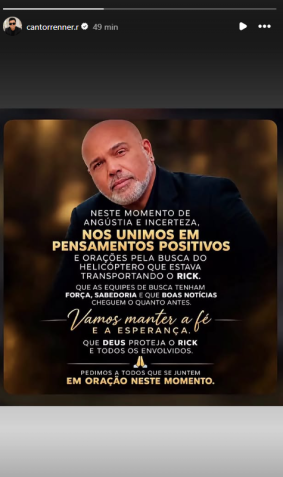 Publicação de Renner nas redes sociais pede orações por Rick, desaparecido nesta segunda-feira (21) • Instagram / @cantorrenner.r