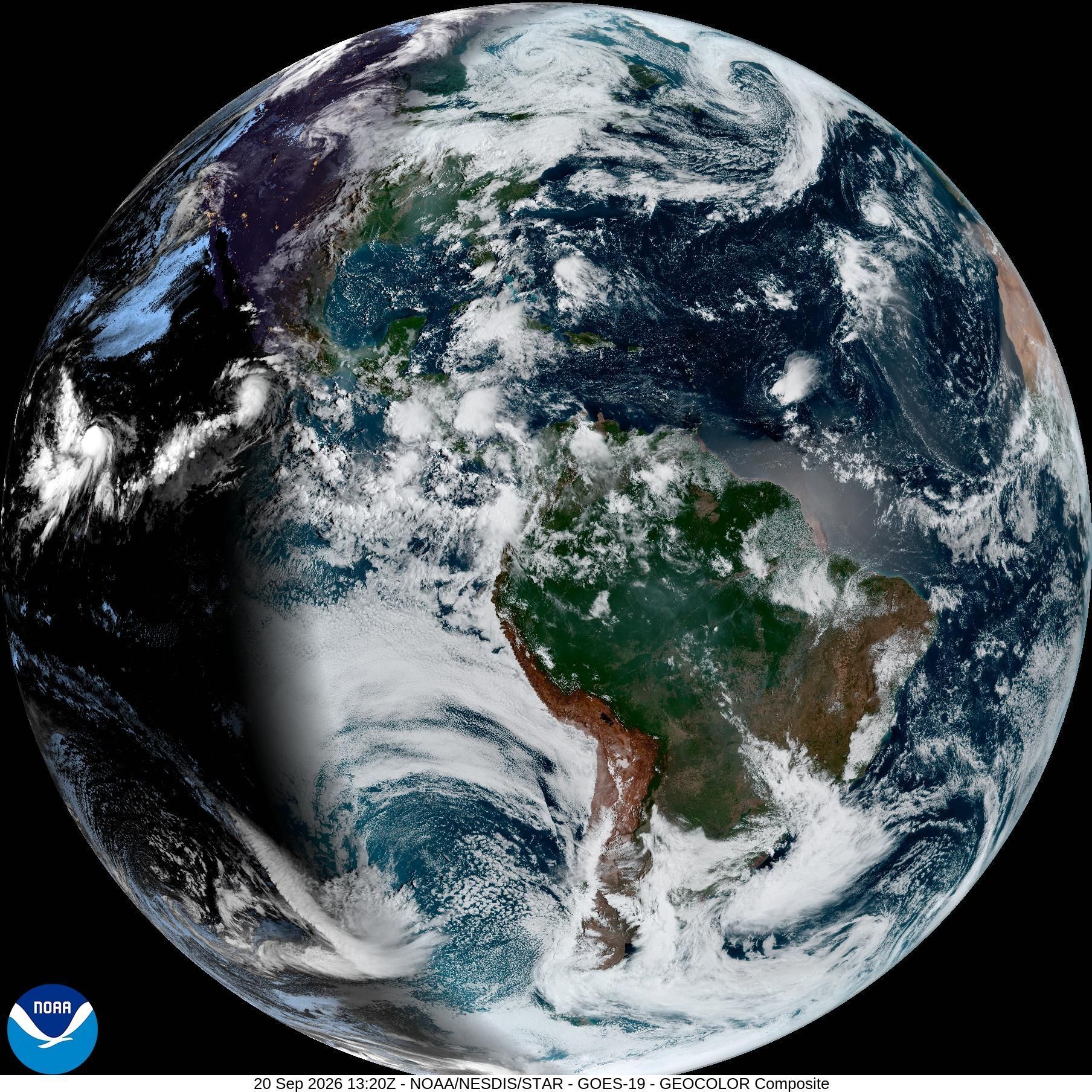 Formação de nuvens em 20 de setembro no Sul do Brasil, que devem dar origem ao ciclone extratropical • NOAA/NESDIS/STAR