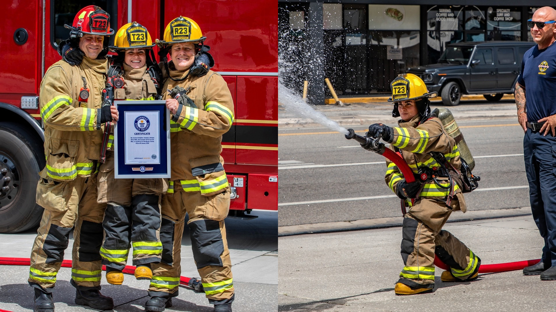 Uma bombeira de baixa estatura posa com sua plaqueta de recorde do Guinness World Records, ao lado de dois colegas mais altos e uniformizados. Ao lado, ela aparece também de uniforme, segurando uma mangueira de bombeiro