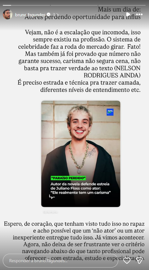 Bruno Fagundes alfineta escolha de Juliano Floss para elenco de nova novela • Instagram/Bruno Fagundes