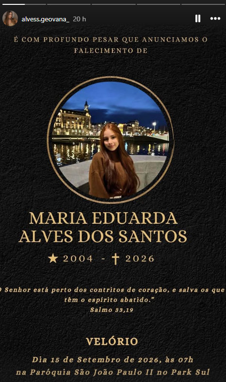 Informações de velório foram divulgadas por familiares de Duda Santos • Instagram/alvess.geovana_