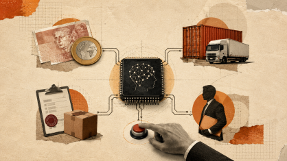 Imagem gerada por inteligência artificial correlaciona IA, logística e economia