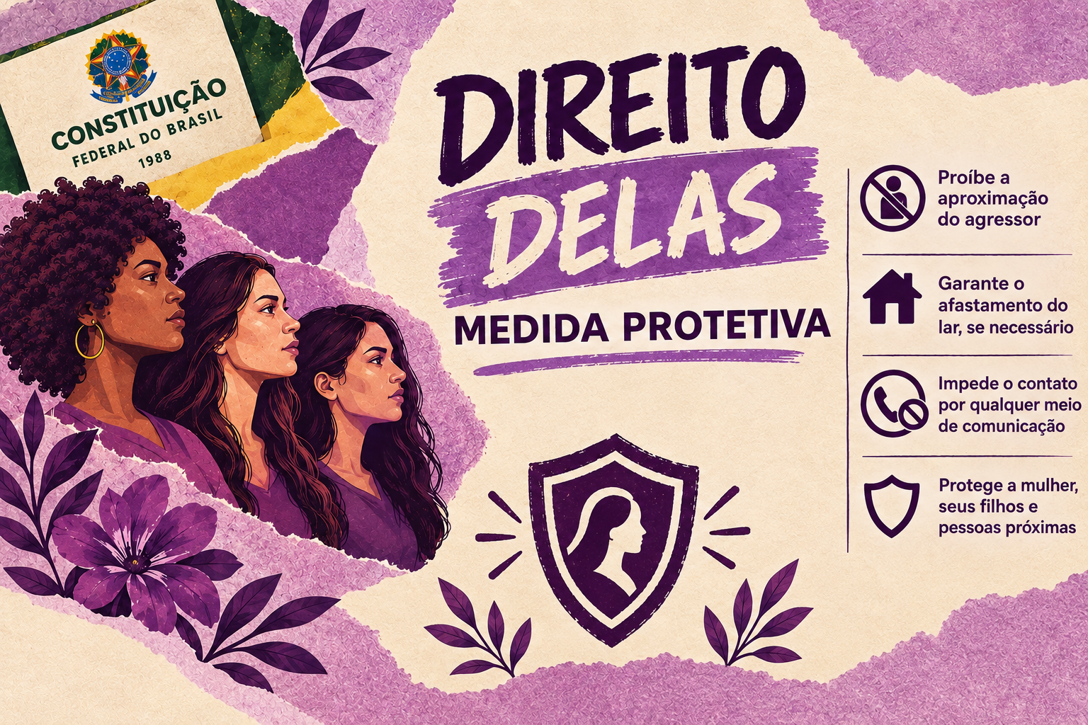 Imagem ilustrativa de inteligência artificial sobre a temática "direito delas" e "medida protetiva"