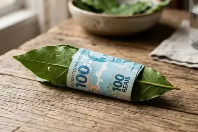 Dinheiro enrolado na folha de louro para atrair sorte