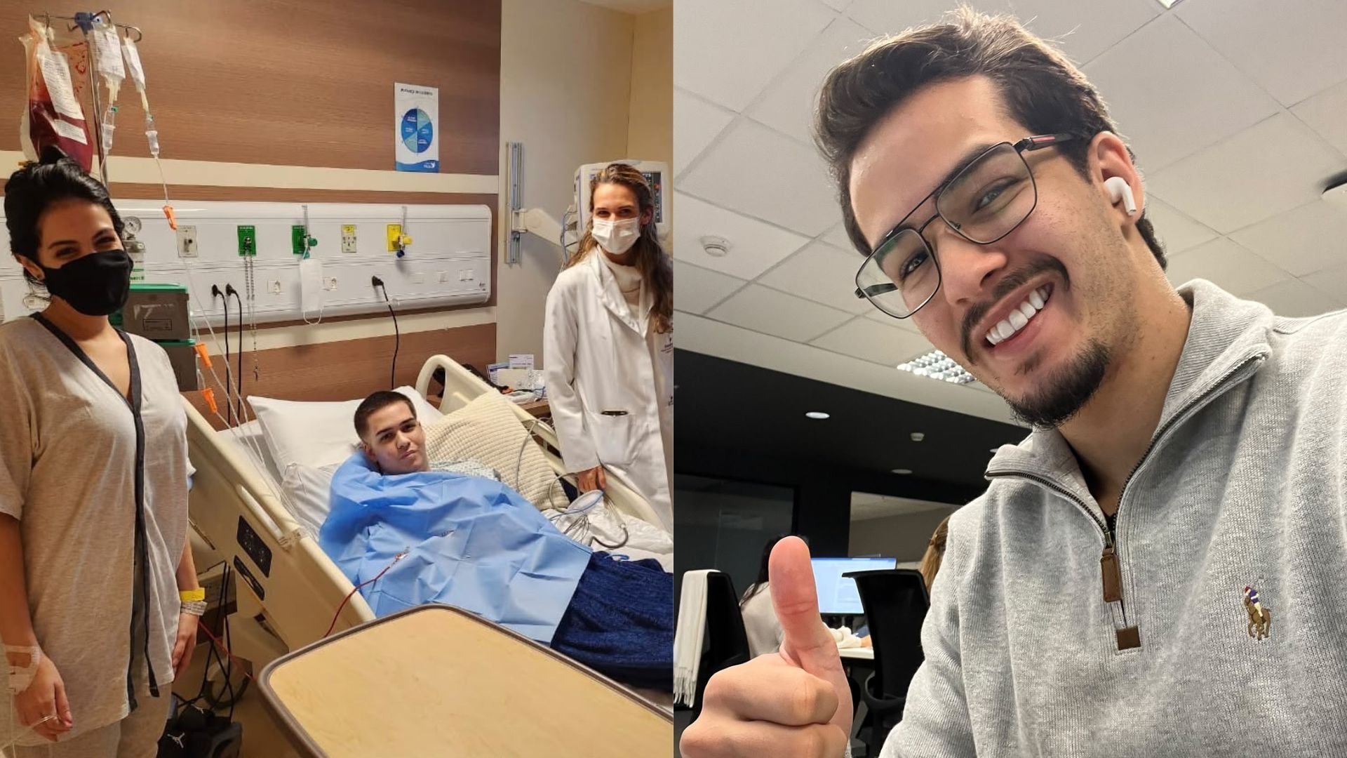 À esquerda, Enzo, a irmã Caroline e a Dra. Paula Bigni na época do trabsplante. À direita, Enzo nos dias de hoje, com 23 anos. • Divulgação/Redes Américas
