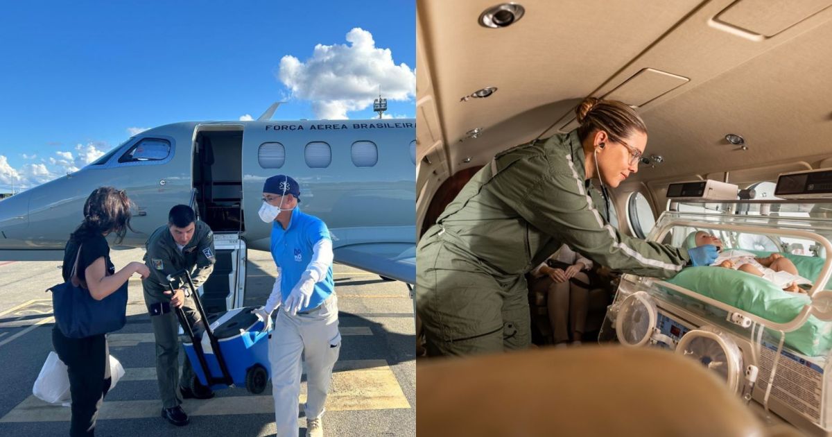Ambulância aérea transportando paciente em voo de emergência