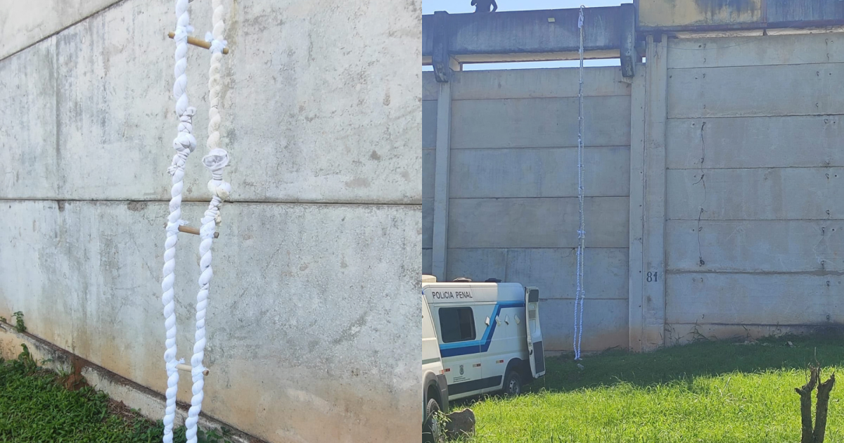 Prisão com muro de concreto e dois presos sendo recapturados por policiais
