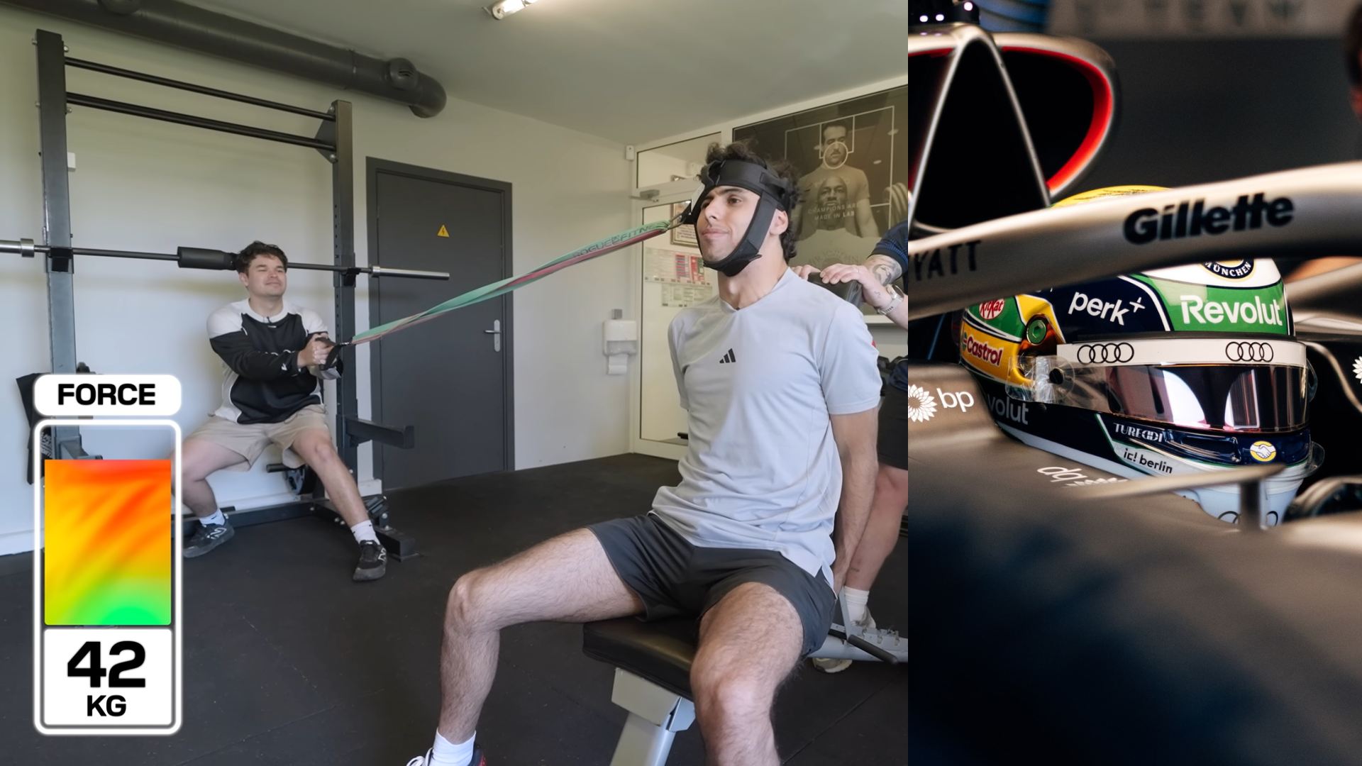 Gabriel Bortoleto, piloto de Fórmula 1, demonstra um exercício que treina o pescoço para suportar o impacto da força g • Reprodução: Quadrant/YouTube, Audi F1/Instagram