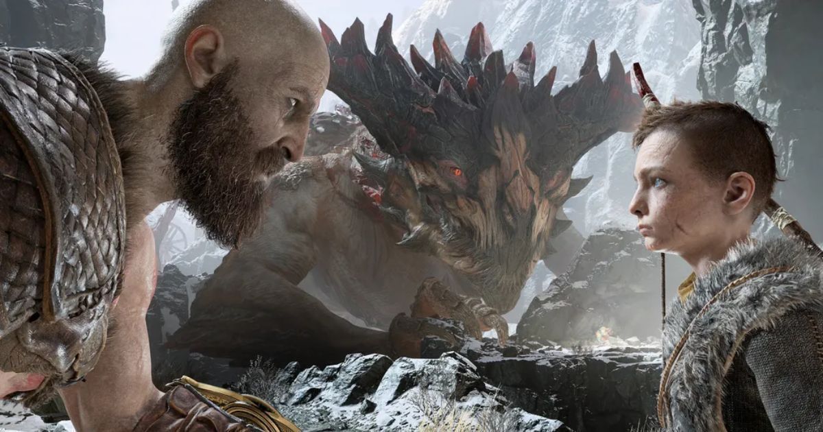 Kratos e Atreus interagindo antes de uma das batalhas do jogo "God of War (2018)" • Divulgação/Sony