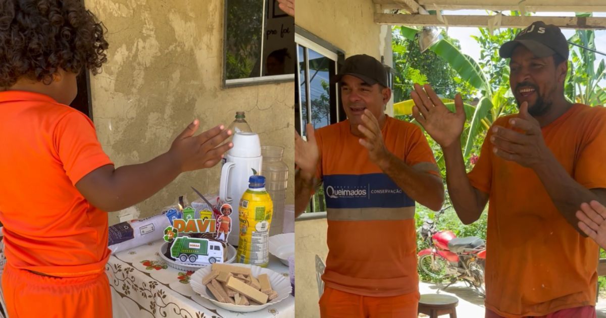 Apaixonado pelo trabalho dos garis, Davi escolhe coletores como tema de aniversário