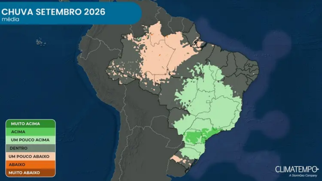 Previsão da anomalia de precipitação no Brasil para setembro de 2026: tons em verde indicam volume de precipitação médio acima do normal