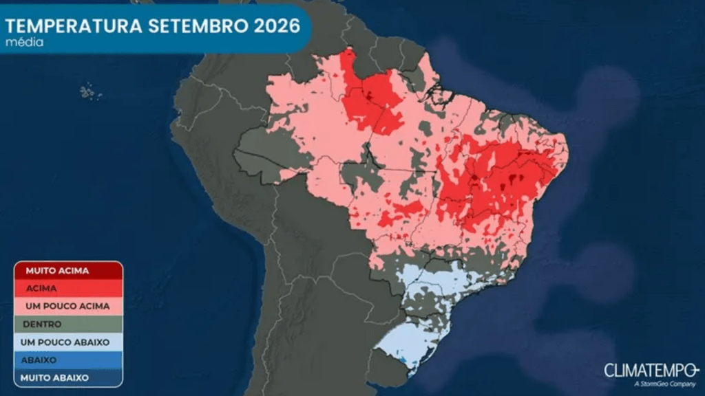  tons em azul indicam temperatura média abaixo do normal; tons em vermelho indicam temperatura média acima do normal 