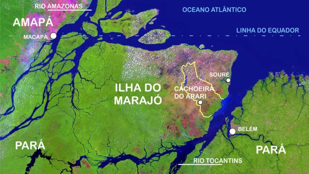 A Ilha do Marajó, com seus mais de 50 mil km2, é a maior de todo o arquipélago localizado na foz do Rio Amazonas. No mapa podemos ver a localização do município de Cachoeira do Arari.