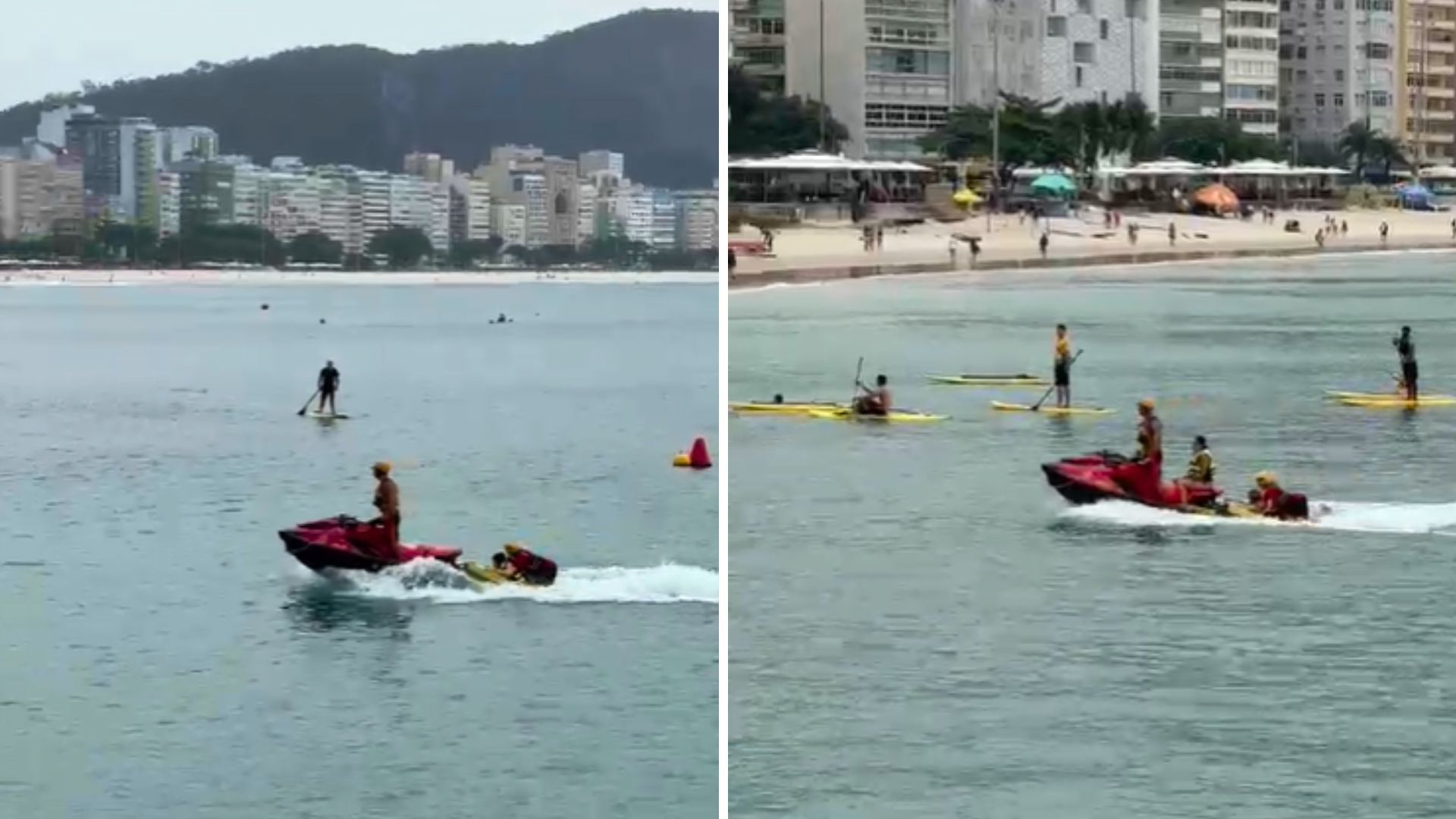 Praticantes de stand up paddle foram resgatados pelos bombeiros durante a ventania nesta terça-feira (22), na praia de Copacabana, na Zona Sul da capital