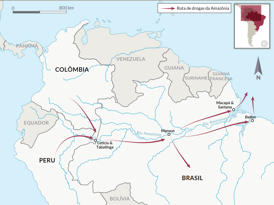 Rotas de exportação de cocaína pela Amazônia. •