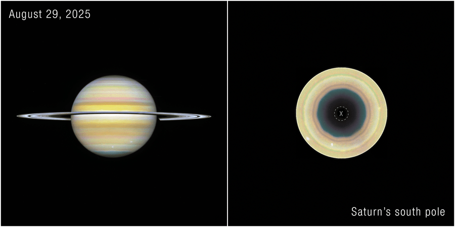 Imagem do polo sul de Saturno mostrando uma estrutura de 10 lados semelhante a um decágono