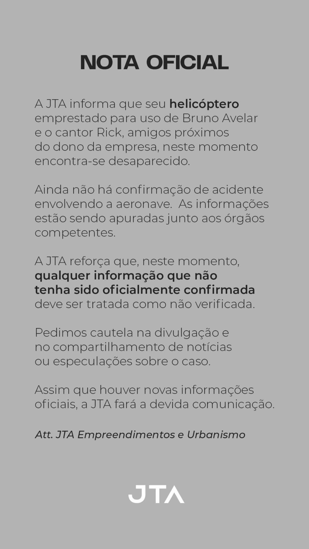 Comunicado JTA Empreendimentos • Reprodução/Redes Sociais