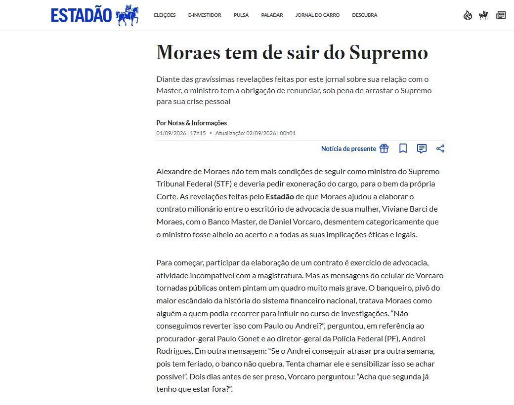Editorial do jornal Estado de São Paulo publicado no dia 1º de setembro • CAPTURA DE TELA