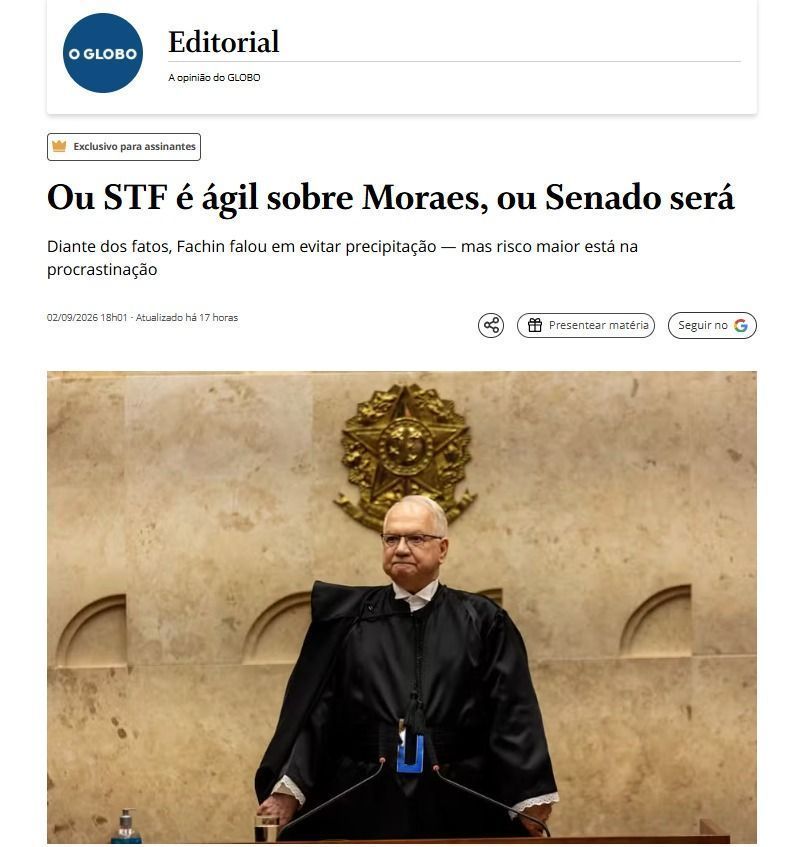 Editorial do jornal O Globo publicado dia 2 de setembro • Captura de tela