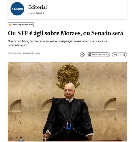 Editorial do jornal O Globo publicado dia 2 de setembro • Captura de tela