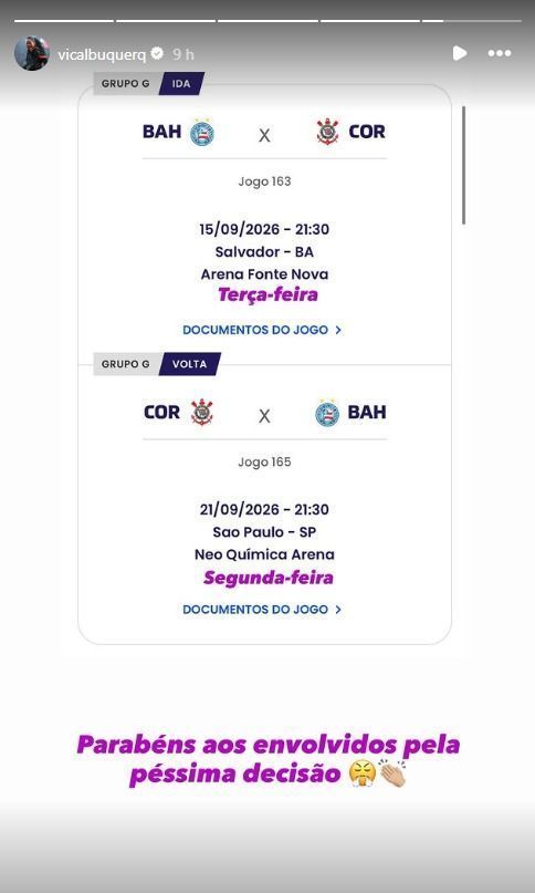 Story de Vic Albuquerque, jogadora do Corinthians • Reprodução/Instagram