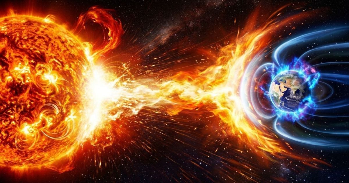 Ilustração de uma mancha solar e uma erupção brilhante na superfície do Sol