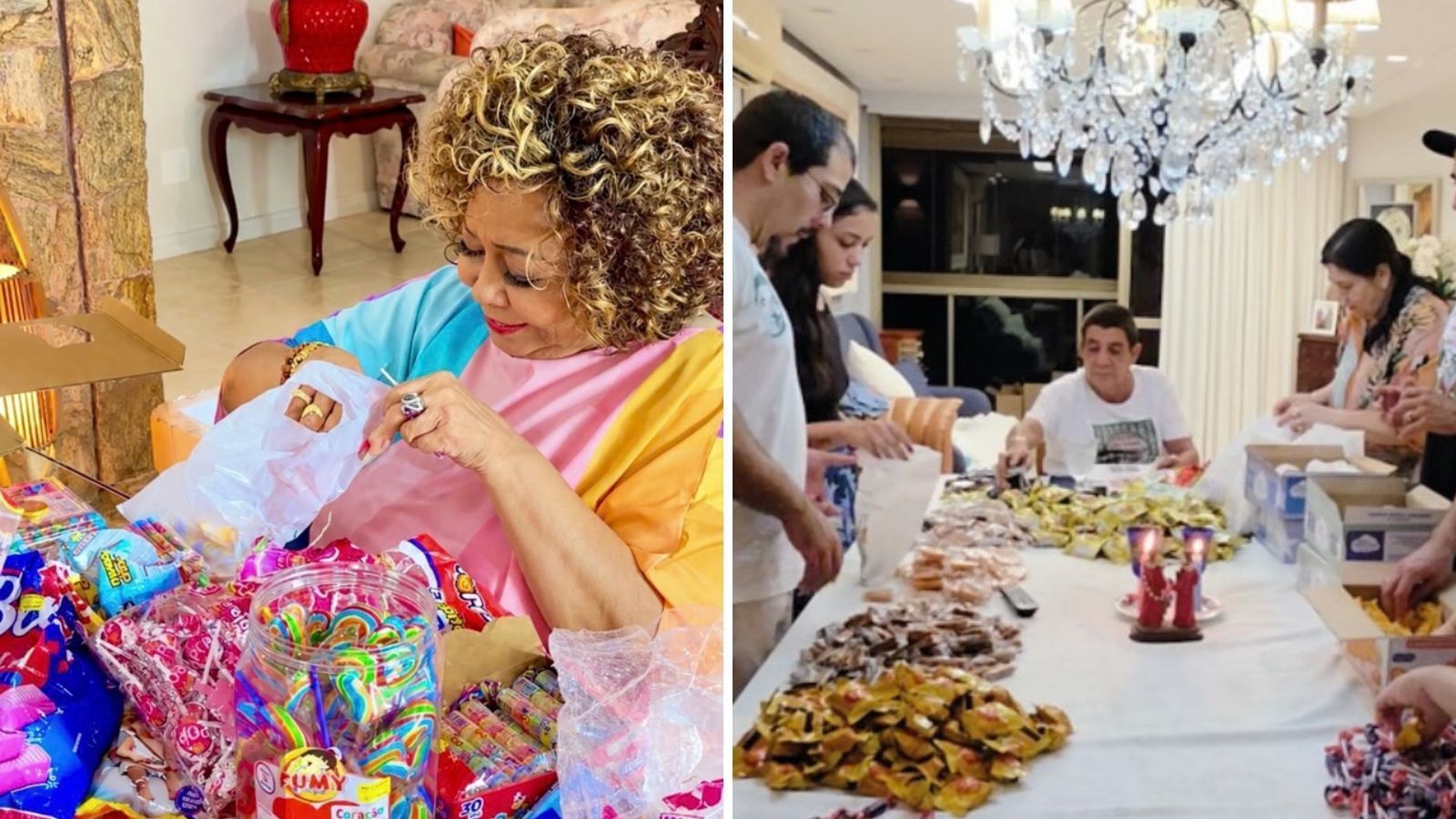 Alcione e Zeca preparam saquinhos de doces de Cosme e Damião