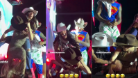 Ana Castela derruba prefeita em show, que brinca: "A gente cai e levanta"